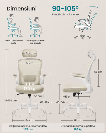 Scaun birou ergonomic cu tetiera, suport lombar reglabil si cotiere rabatabile, 64x64x130 cm, bej cappuccino [3]