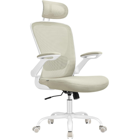 Dormitor & birou - Scaun birou ergonomic cu tetiera, suport lombar reglabil si cotiere rabatabile, 64x64x130 cm, bej cappuccino