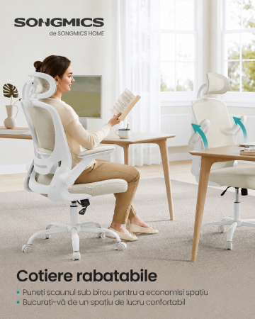 Scaun birou ergonomic cu tetiera, suport lombar reglabil si cotiere rabatabile, 64x64x130 cm, bej cappuccino [1]