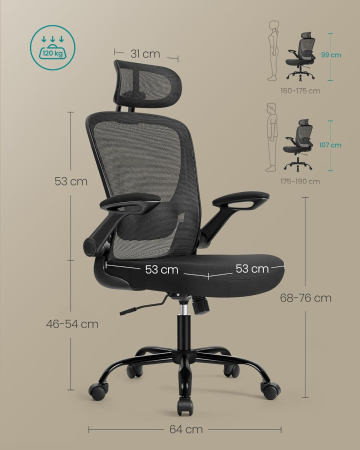 Scaun birou ergonomic cu tetiera, suport lombar reglabil si cotiere rabatabile, 64x64x130 cm, negru [2]