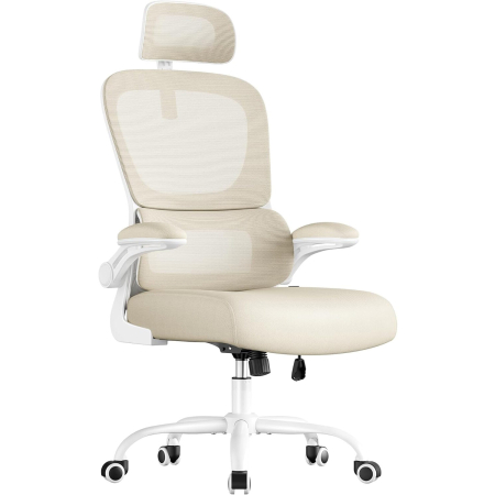 Dormitor & birou - Scaun de birou ergonomic mesh, suport lombar dinamic, tetiera reglabila, brate rabatabile, 70x70x135 cm, bej