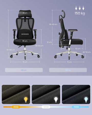 Scaun de birou ergonomic profesional, suport lombar reglabil, tetiera 2D, brate 4D, maxim 150 kg, 70x70x136 cm, negru [3]