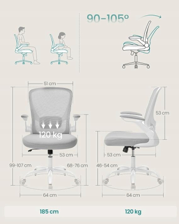 Scaun de birou ergonomic reglabil cu spatar mesh si suport lombar, maxim 120 kg, 64x64x107 cm, gri deschis [7]