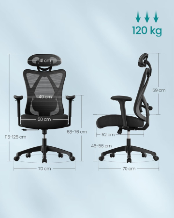 Scaun de birou ergonomic reglabil cu suport lombar si tetiera, maxim 120 kg, 70x70x125 cm, negru [2]