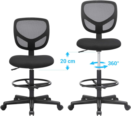 Scaun de birou inalt pentru atelier sau studio, fara brate, cu suport picioare, reglabil pe inaltime, 64x64x117 cm, negru [3]