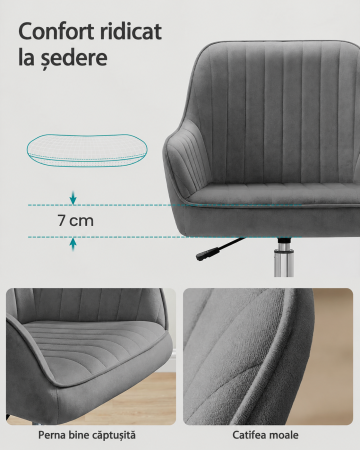 Scaun de birou rotativ din catifea, reglabil pe inaltime, 64x62x84-94 cm, maxim 120 kg, gri [5]