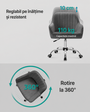 Scaun de birou rotativ din catifea, reglabil pe inaltime, 64x62x84-94 cm, maxim 120 kg, gri [6]