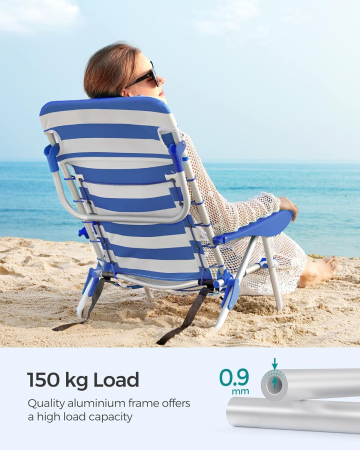 Scaun plaja portabil cu spatar rabatabil 4 pozitii, cadru aluminiu Oxford 600D, max 150 kg, 68x63x75 cm, alb albastru [5]