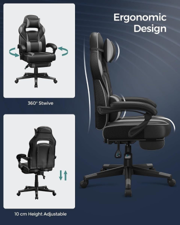 Scaun gaming ergonomic, cu spatar inalt, suport pentru picioare, maxim 150 kg , 50x70x126 cm, negru si gri [6]