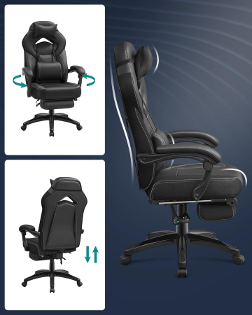 Scaun gaming ergonomic cu suport pentru picioare, tetiera reglabila si suport lombar, maxim 150 kg, 70x64x128 cm, negru [4]