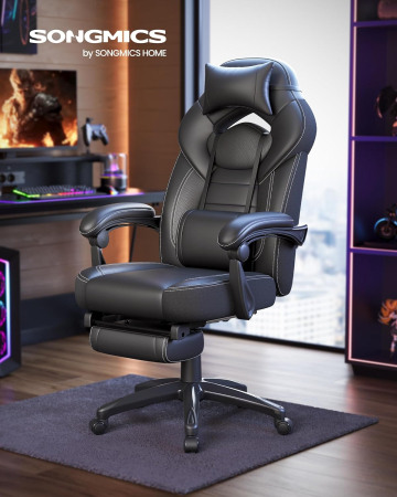 Scaun gaming ergonomic cu suport pentru picioare, tetiera reglabila si suport lombar, maxim 150 kg, 70x64x128 cm, negru [6]