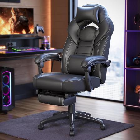 Scaun gaming ergonomic cu suport pentru picioare, tetiera reglabila si suport lombar, maxim 150 kg, 70x64x128 cm, negru [7]