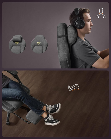 Scaun gaming ergonomic cu suport picioare, material textil bumbac si in, maxim 150 kg, 70x70x129 cm, gri [2]