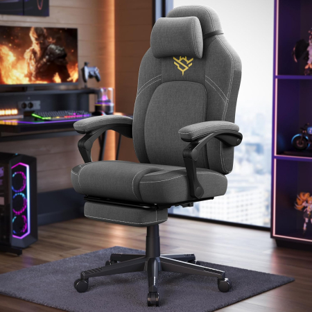 Scaun gaming ergonomic cu suport picioare, material textil bumbac si in, maxim 150 kg, 70x70x129 cm, gri [3]