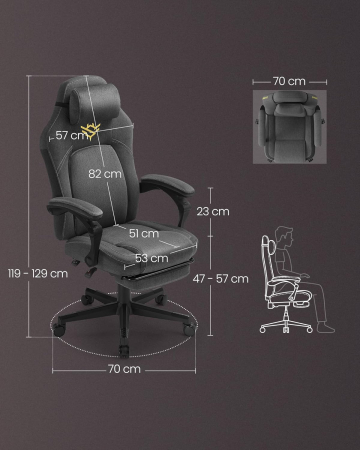 Scaun gaming ergonomic cu suport picioare, material textil bumbac si in, maxim 150 kg, 70x70x129 cm, gri [6]