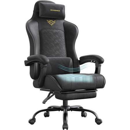 Dormitor & birou - Scaun gaming ergonomic cu suport picioare, spatar reglabil 90-135Â°, perne lombare si tetiera, 70x70x133 cm, negru