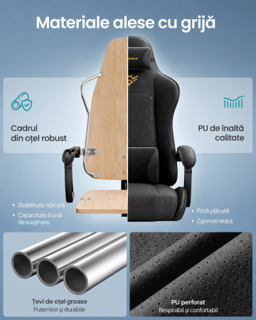 Scaun gaming ergonomic cu suport picioare, spatar reglabil 90-135Â°, perne lombare si tetiera, 70x70x133 cm, negru [5]