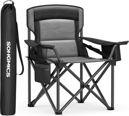 Scaun pliabil camping premium cu spatar inalt si sezut buretat, suport bauturi si buzunar termo, 200 kg, 63x95x100 cm, negru [3]