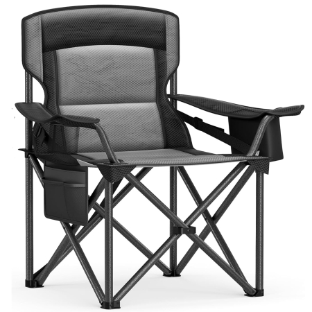 Gradina & balcon - Scaun pliabil camping premium cu spatar inalt si sezut buretat, suport bauturi si buzunar termo, 200 kg, 63x95x100 cm, negru