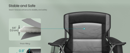 Scaun pliabil camping premium cu spatar inalt si sezut buretat, suport bauturi si buzunar termo, 200 kg, 63x95x100 cm, negru [7]