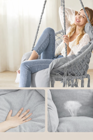 Scaun suspendat tip hamac cu perna groasa, stil scandinav, cadru metalic, 120 kg, gri deschis [6]