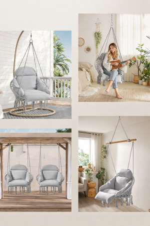 Scaun suspendat tip hamac cu perna groasa, stil scandinav, cadru metalic, 120 kg, gri deschis [7]