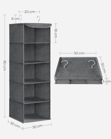 Set 2 bucati organizatoare suspendate pentru dulap, 5 rafturi, pliabil, 30x30x90 cm, gri [5]