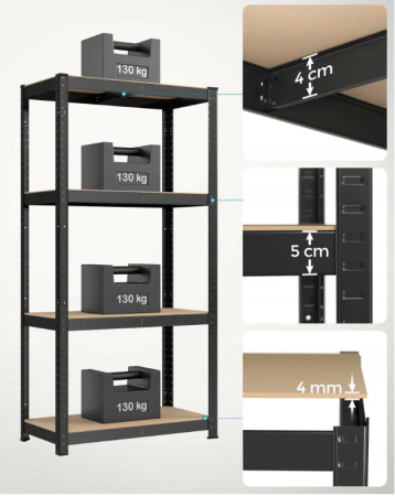 Set 2 rafturi metalice cu 4 polite MDF reglabile, 80x40x160 cm, negru [3]