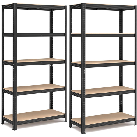 Baie - Set 2 rafturi metalice cu 5 niveluri reglabile, din otel si MDF, 90x40x180 cm, sarcina 875 kg, negru