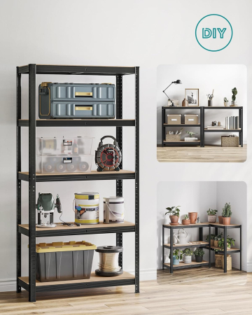 Set 2 rafturi metalice cu 5 niveluri reglabile, din otel si MDF, 90x40x180 cm, sarcina 875 kg, negru [1]
