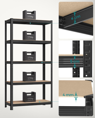 Set 2 rafturi metalice cu 5 niveluri reglabile, din otel si MDF, 90x40x180 cm, sarcina 875 kg, negru [4]