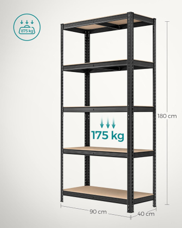 Set 2 rafturi metalice cu 5 niveluri reglabile, din otel si MDF, 90x40x180 cm, sarcina 875 kg, negru [2]