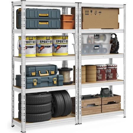 Set 2 rafturi metalice depozitare, 5 niveluri, reglabile, polite MDF, 875 kg, 40x90x180 cm, argintiu [1]