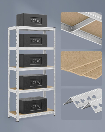 Set 2 rafturi metalice depozitare, 5 niveluri, reglabile, polite MDF, 875 kg, 40x90x180 cm, argintiu [4]