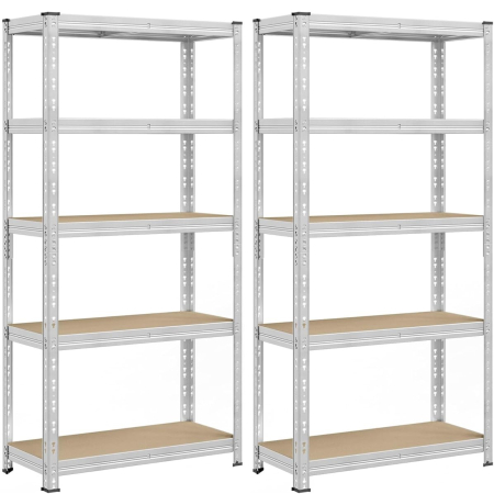 Baie - Set 2 rafturi metalice depozitare, 5 niveluri, reglabile, polite MDF, 875 kg, 40x90x180 cm, argintiu