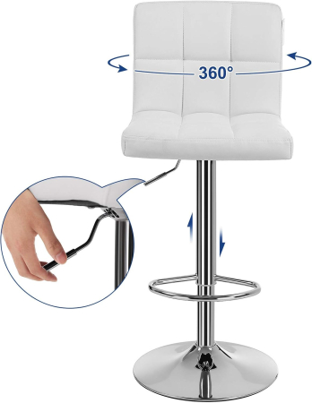 SONGMICS Set 2 scaune bar reglabile pe inaltime, cu spatar, sezut PU si suport picioare, rotatie 360°, 38x45x115 cm, alb [2]