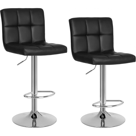 Bucatarie - Set 2 scaune bar reglabile pe inaltime, cu spatar, sezut PU si suport picioare, rotatie 360Â°, 38x45x115 cm, negru