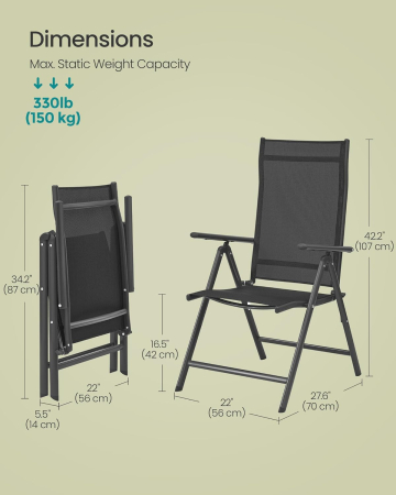 Set 2 scaune gradina pliabile cu spatar reglabil 8 pozitii, 150 kg, 56x70x106 cm, negru [2]