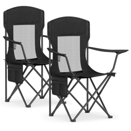 Gradina & balcon - Set 2 scaune pliabile camping cu spatar inalt si suport bauturi, husa transport, 150 kg, 52x87x97 cm, negru