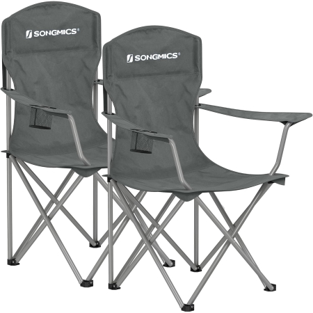 Gradina & balcon - Set 2 scaune pliabile camping cu suport bauturi, husa transport, 150 kg, 54x86x97 cm, gri