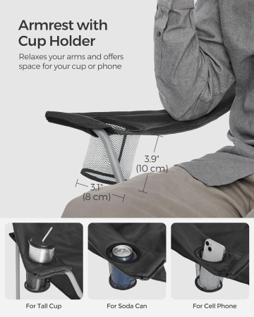 Set 2 scaune pliabile camping sau pescuit, cadru otel Oxford 600D, suport pahar, max 150 kg/buc, geanta transport, negru [6]