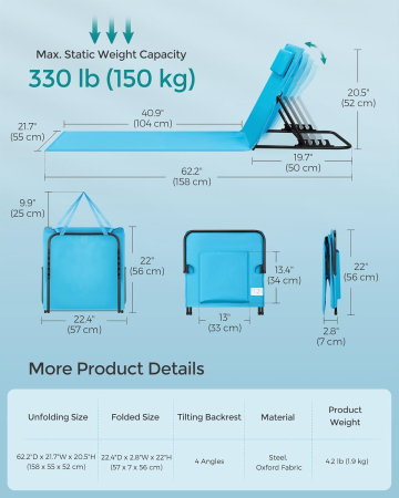 Set 2 sezlonguri plaja pliabile, spatar reglabil 4 pozitii, perna si buzunar incluse, otel galvanizat, max 150 kg, 158x55 cm, albastru [7]