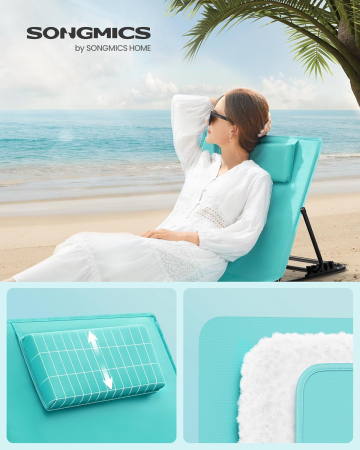 Set 2 sezlonguri plaja pliabile, spatar reglabil 4 pozitii, perna si buzunar incluse, otel galvanizat, max 150 kg, 158x55 cm, albastru turqoise [3]