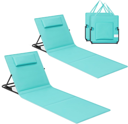 Set 2 sezlonguri plaja pliabile, spatar reglabil 4 pozitii, perna si buzunar incluse, otel galvanizat, max 150 kg, 158x55 cm, albastru turqoise [2]