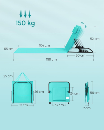 Set 2 sezlonguri plaja pliabile, spatar reglabil 4 pozitii, perna si buzunar incluse, otel galvanizat, max 150 kg, 158x55 cm, albastru turqoise [1]