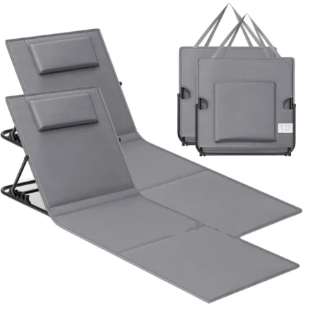 Gradina & balcon - Set 2 sezlonguri plaja pliabile, spatar reglabil in 4 pozitii, tetiera, buzunar depozitare, 158x55 cm, gri