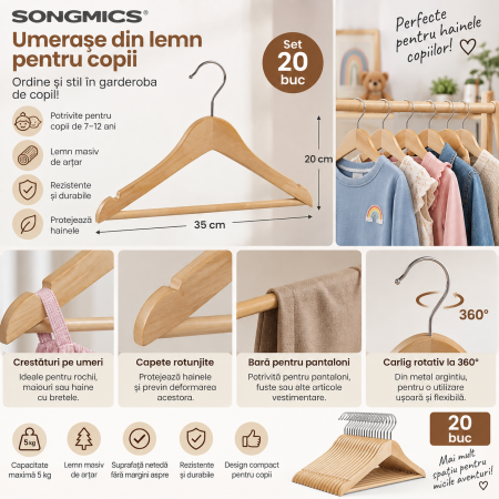 Set 20 umerase pentru organizarea hainelor copiilor de 7-12 ani, lemn masiv de artar, forma adaptata hainelor mici, bara pentru pantaloni si [1]