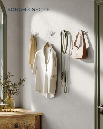 SONGMICS Set 4 carlige perete, design oval din otel, 5 kg per carlig, 9x5x7 cm, alb perlat [6]