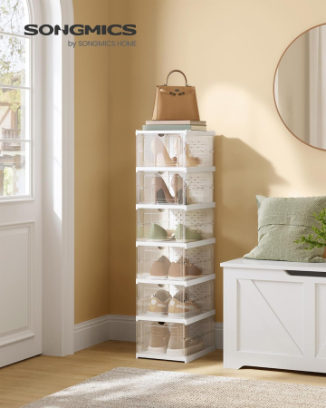 Set 6 cutii pliabile pentru pantofi, organizator modular transparent, constructie rezistenta PP, 36x26x105 cm, alb [1]