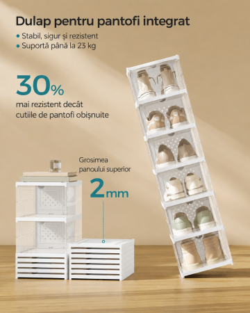 Set 6 cutii pliabile pentru pantofi, organizator modular transparent, constructie rezistenta PP, 36x26x105 cm, alb [4]